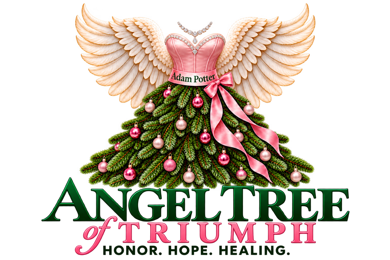 Angel Tree of Triumph logo: angel-winged pine tree with an Adam Potter ribbon, Honor Hope Healing