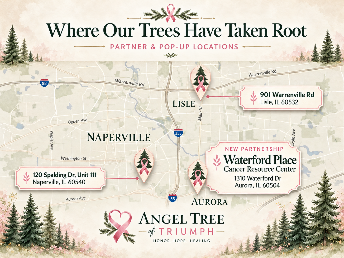 Map of Angel Tree of Triumph partner and pop-up locations in Lisle, Naperville, and Aurora, Illinois