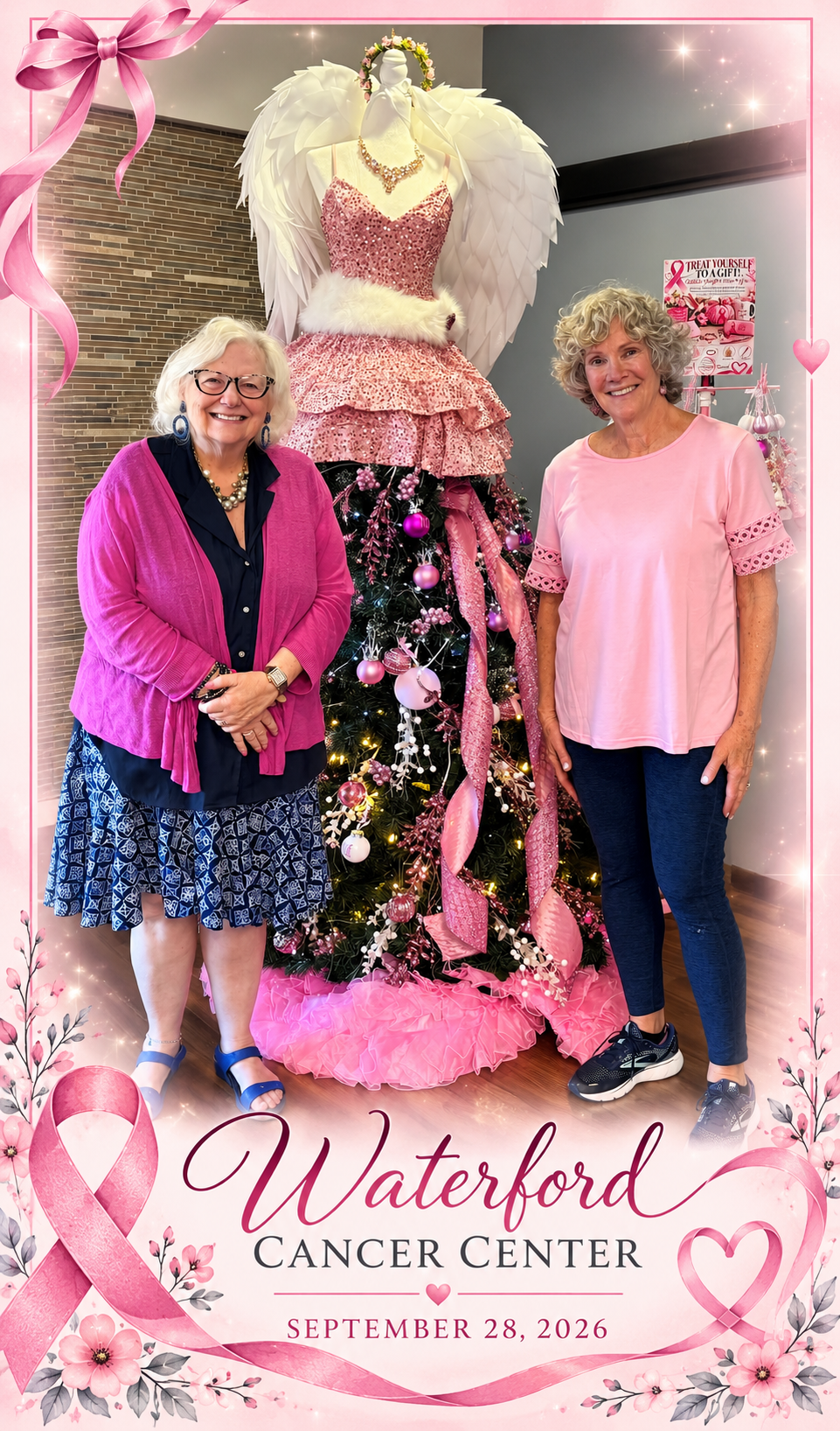 Janis and Diane beside the Angel Tree display at Waterford Place